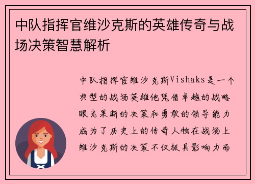 中队指挥官维沙克斯的英雄传奇与战场决策智慧解析